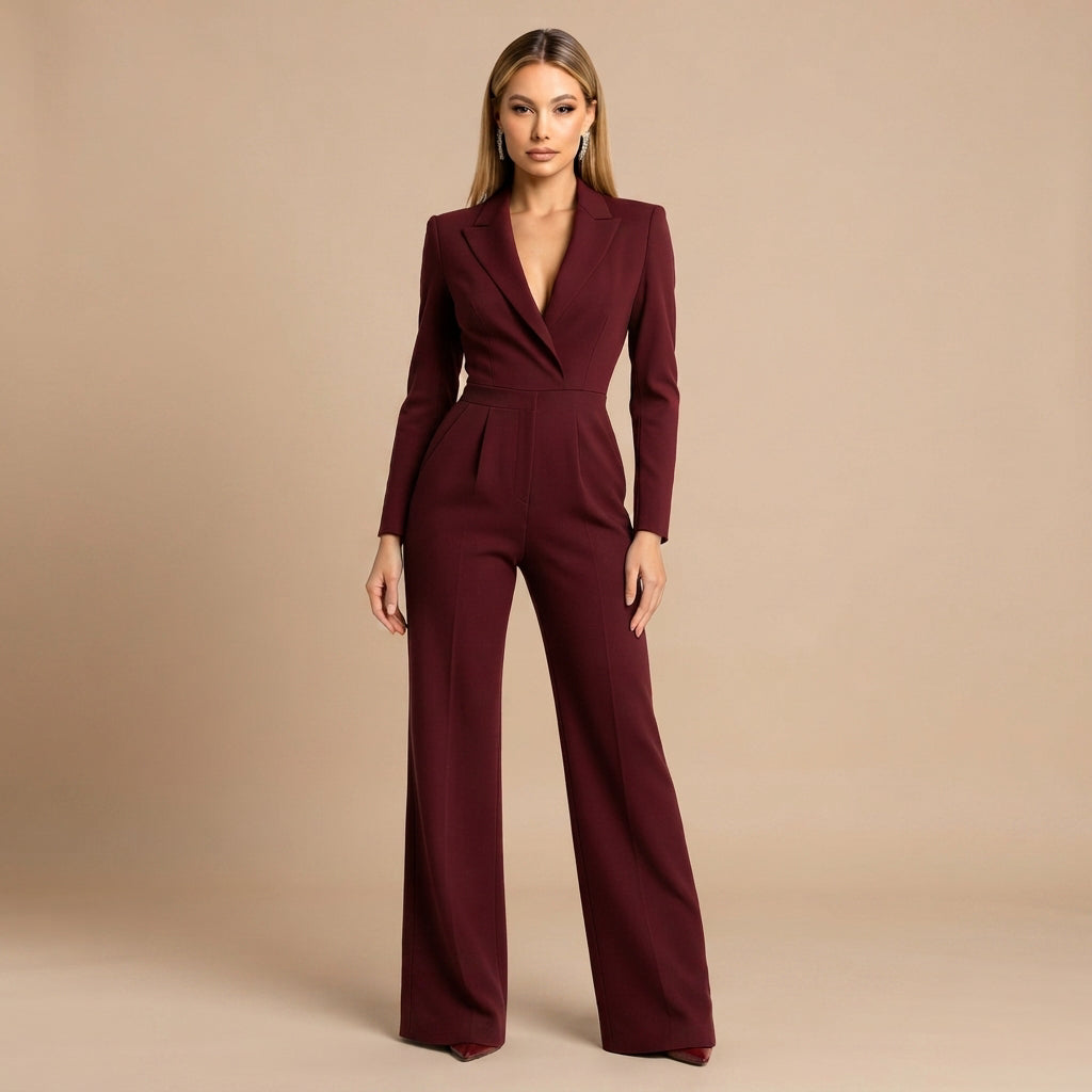 Elnaz - Elegantní Overal s V-Výstřihem a Širokými Nohavicemi