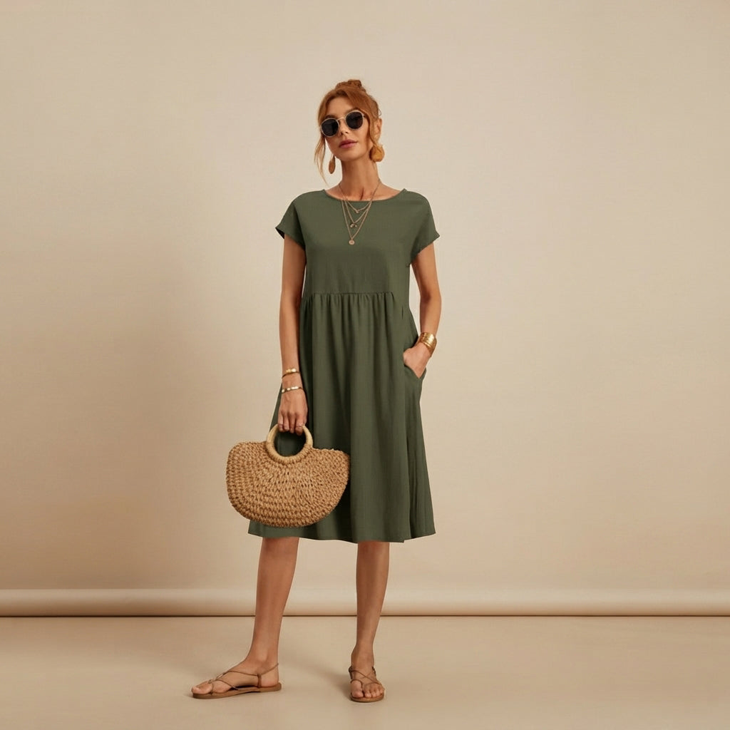 Shamzi - Elegantní Midi Šaty s Kulatým Výstřihem