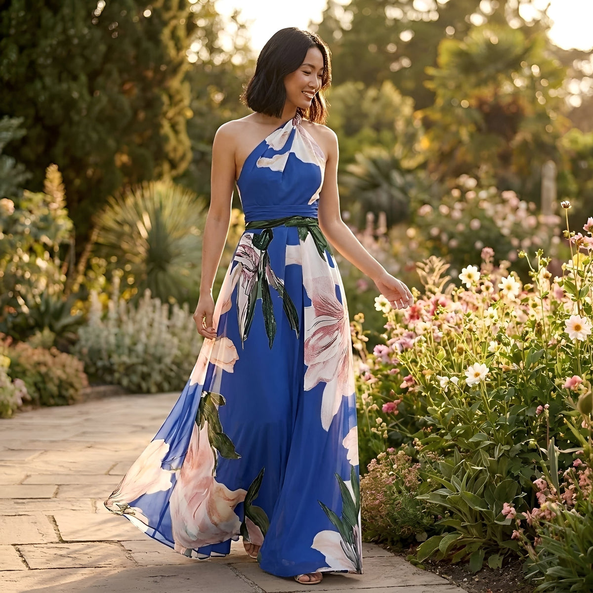 Kirsty - Květinové Tisknuté Halter Maxi Šaty