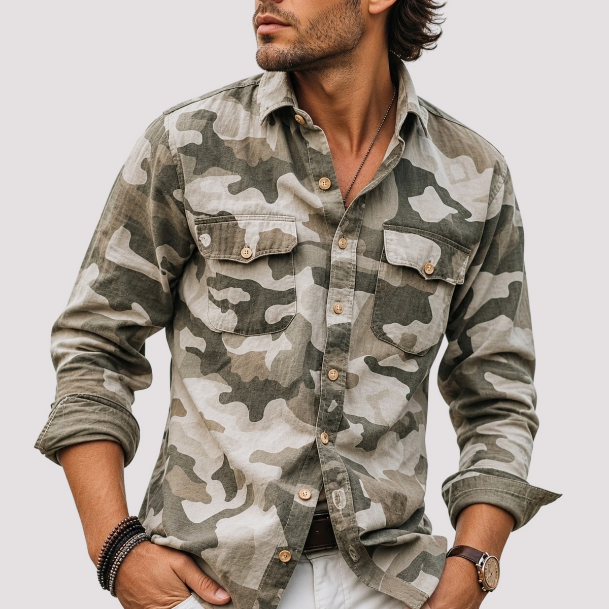 Jeffrey - Camo košile s klopami a kapsami