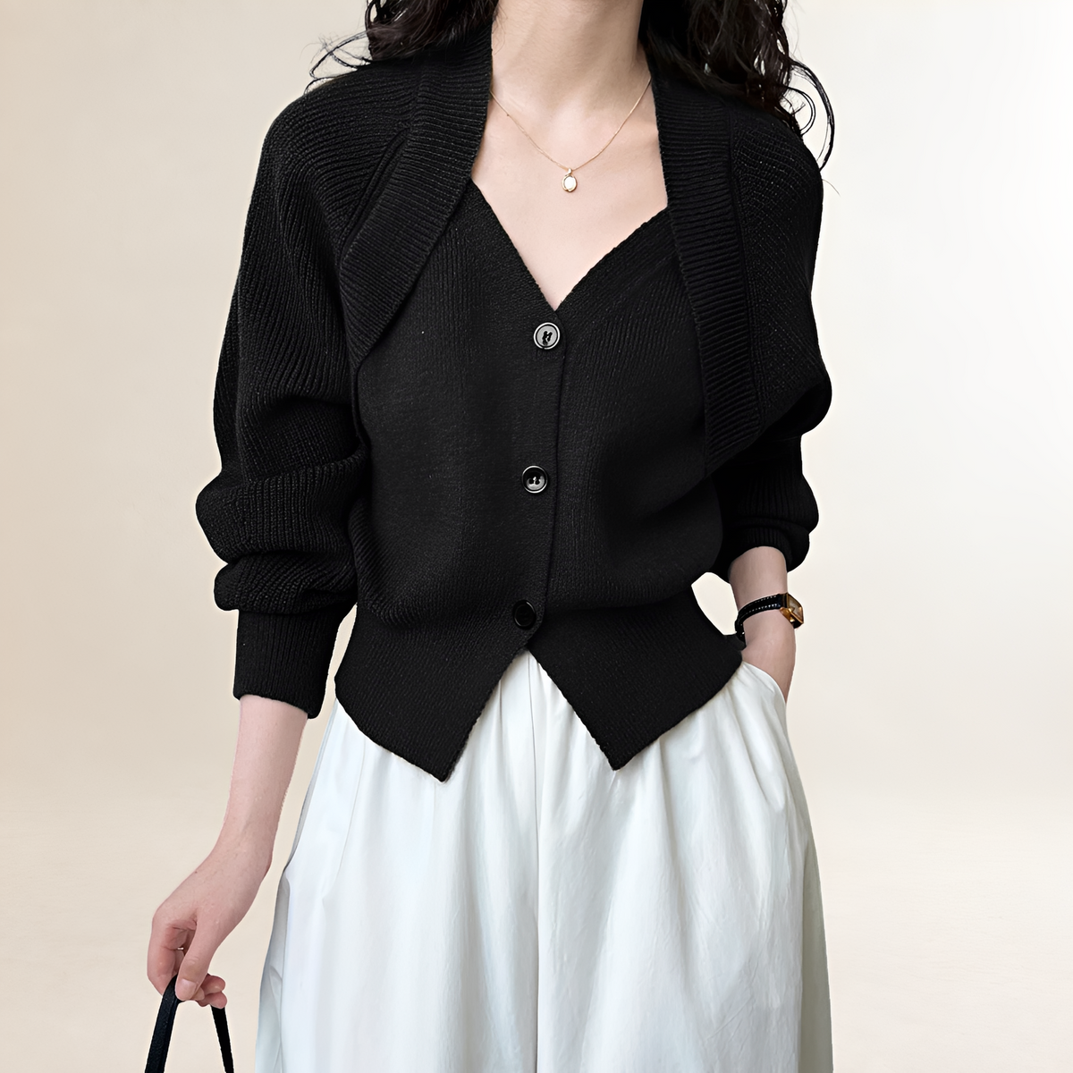 Dámský cardigan s výstřihem do V a knoflíkovou légou dlouhý rukáv regular fit