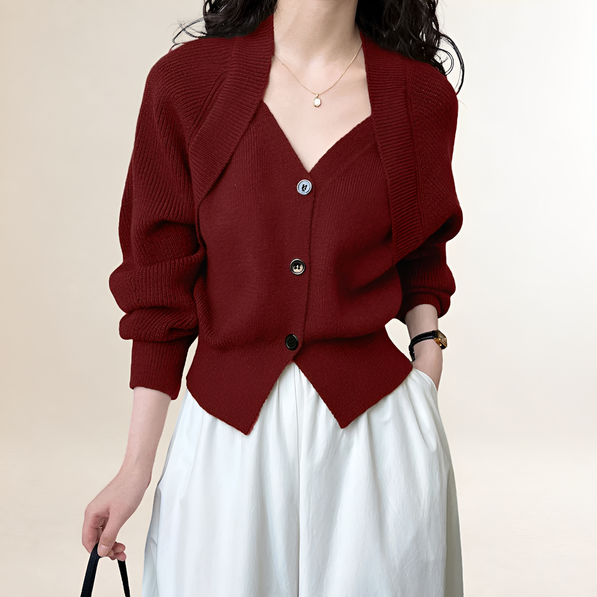 Dámský cardigan s výstřihem do V a knoflíkovou légou dlouhý rukáv regular fit