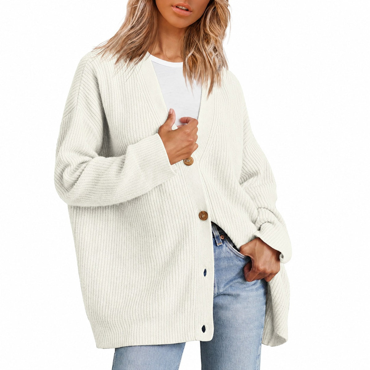 Dámský cardigan s V výstřihem a knoflíkovou légou - oversized střih