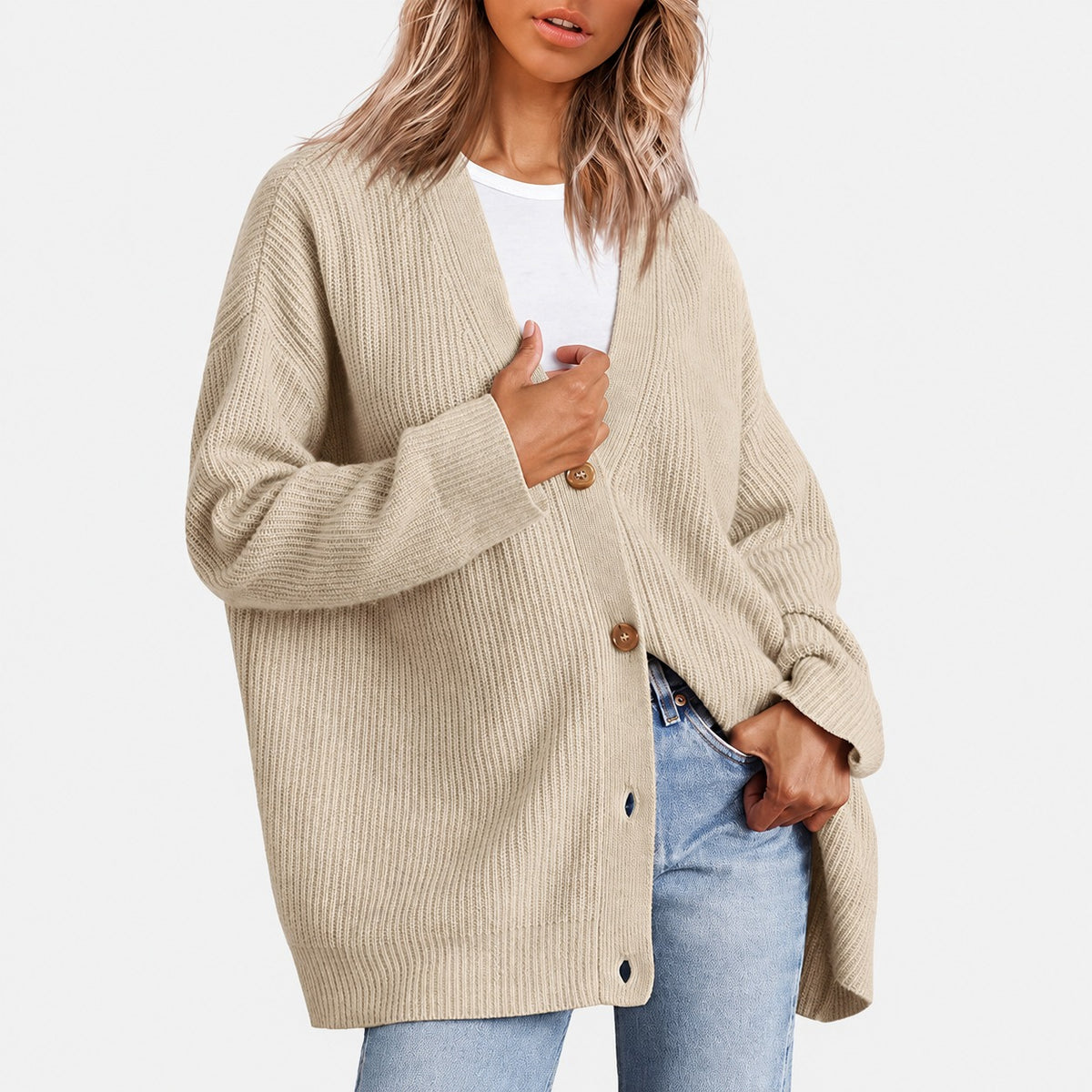 Dámský cardigan s V výstřihem a knoflíkovou légou - oversized střih