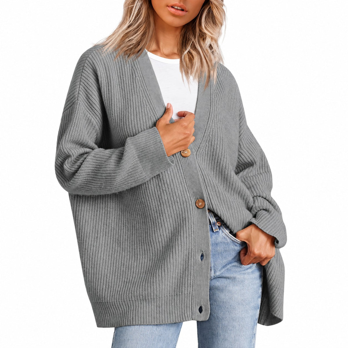 Dámský cardigan s V výstřihem a knoflíkovou légou - oversized střih