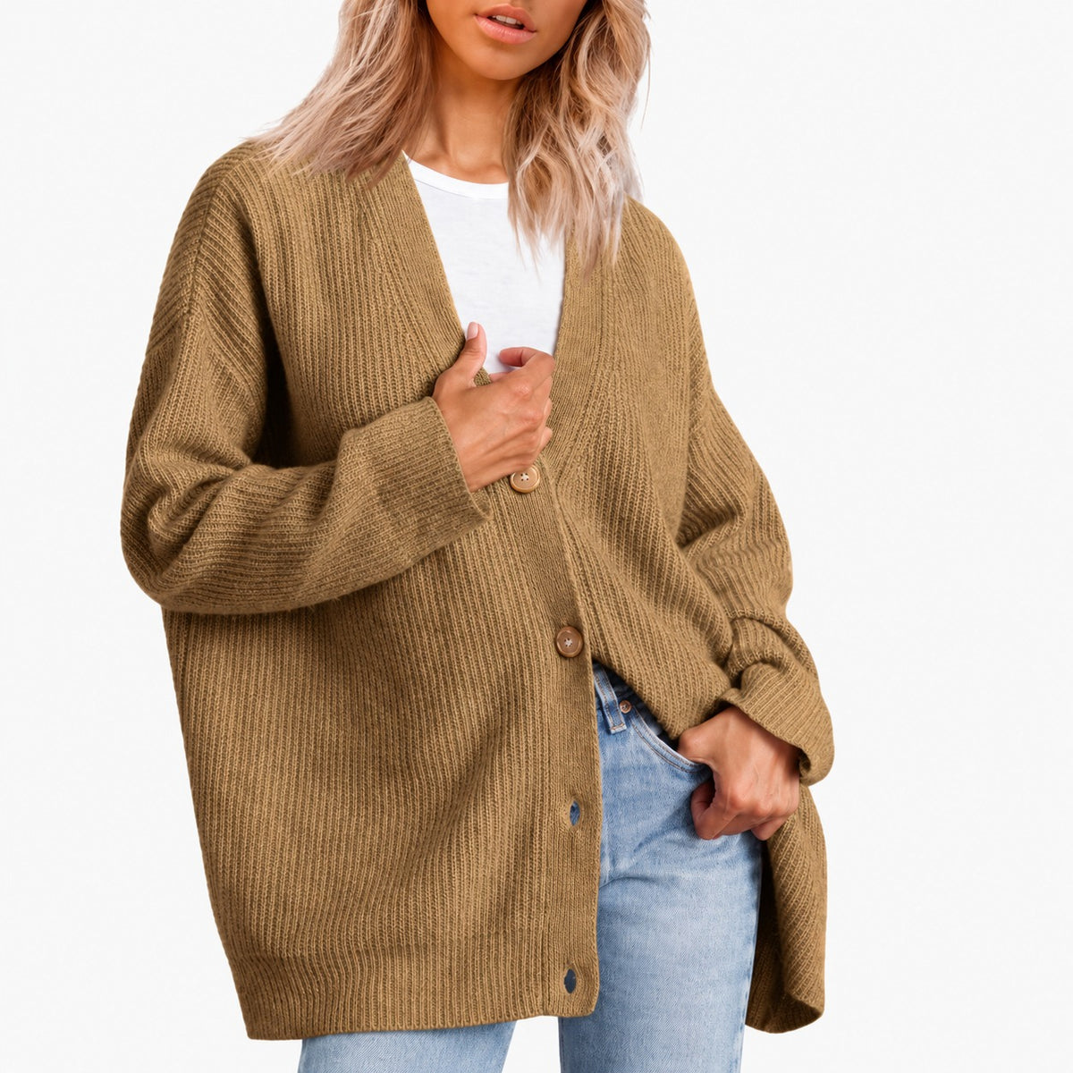 Dámský cardigan s V výstřihem a knoflíkovou légou - oversized střih
