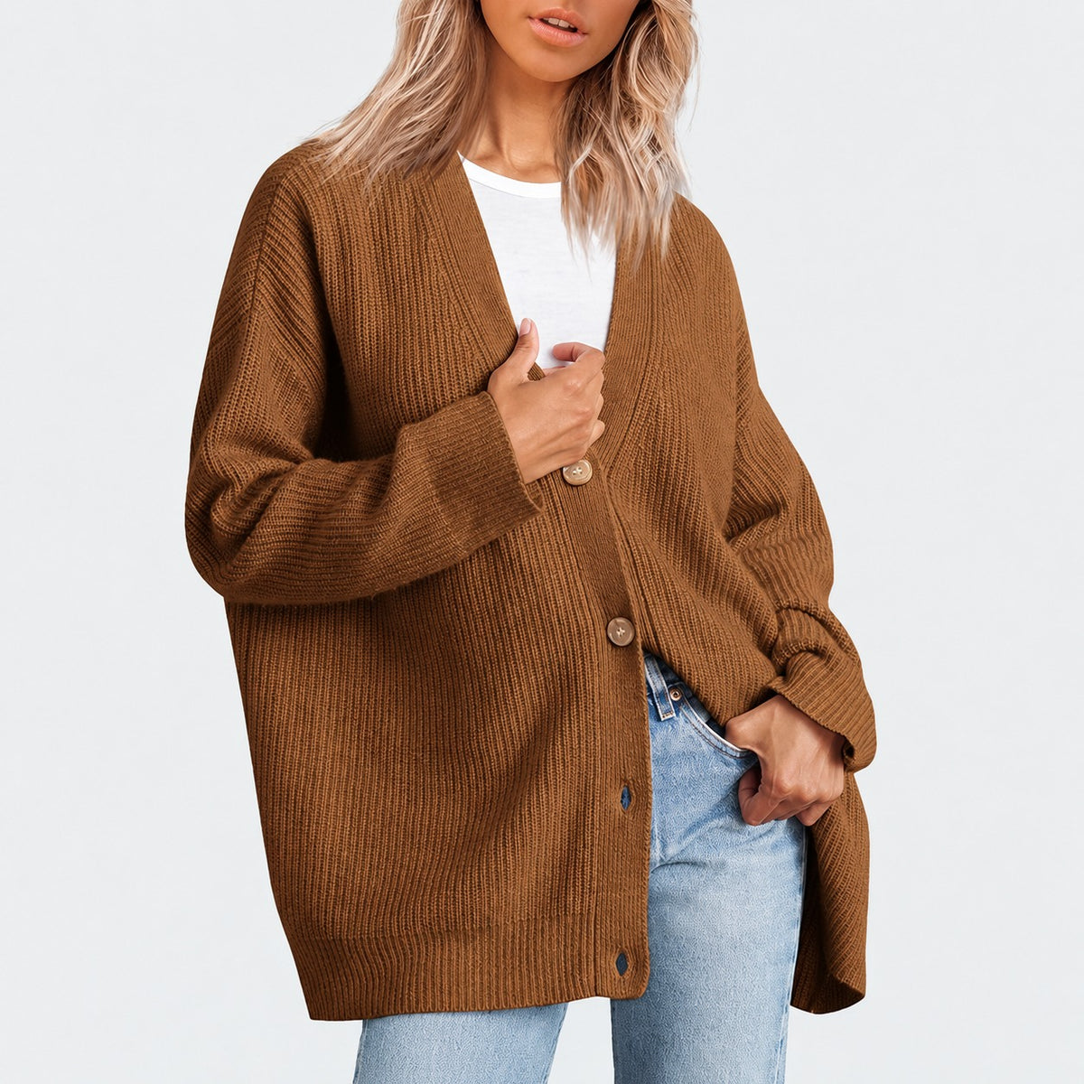 Dámský cardigan s V výstřihem a knoflíkovou légou - oversized střih