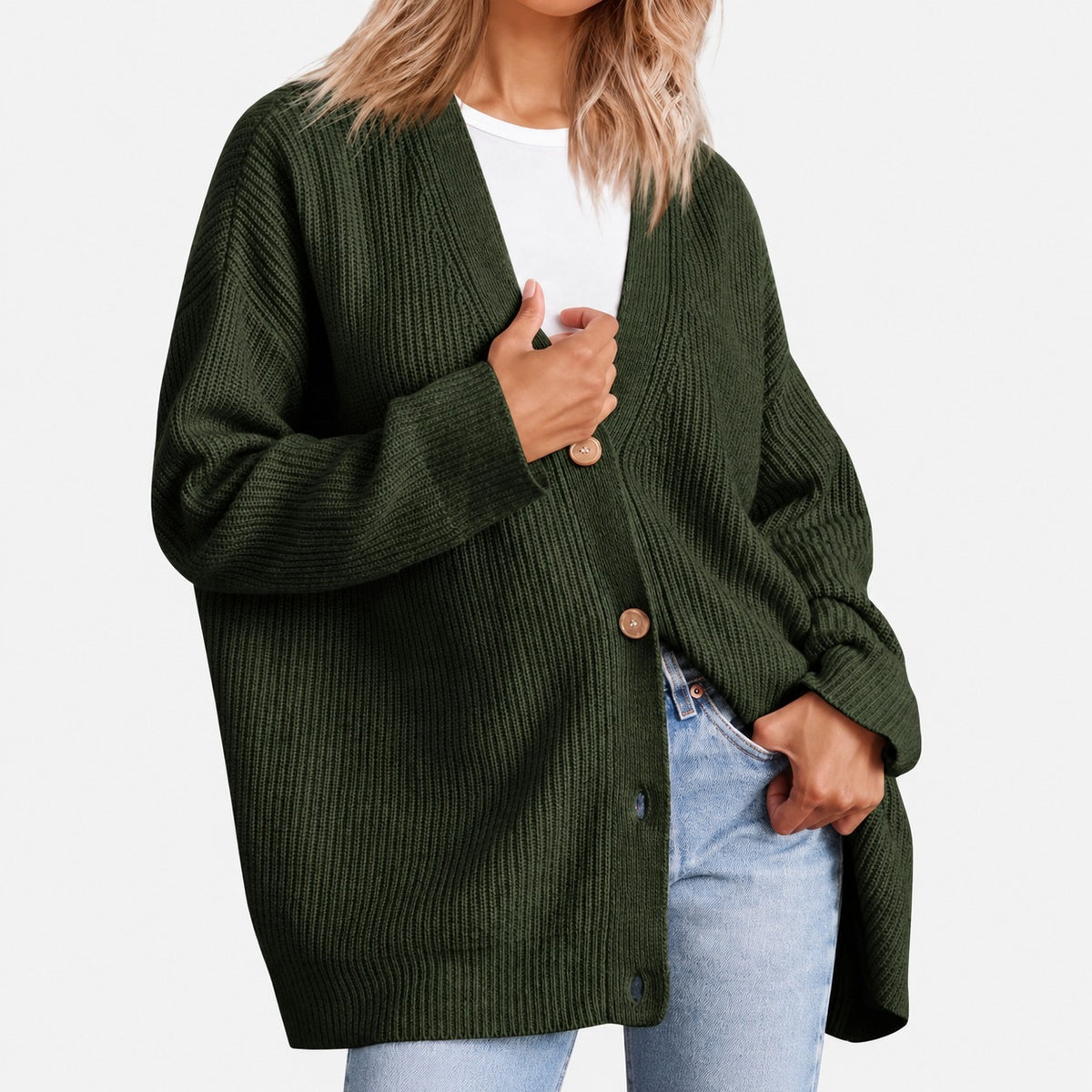 Dámský cardigan s V výstřihem a knoflíkovou légou - oversized střih