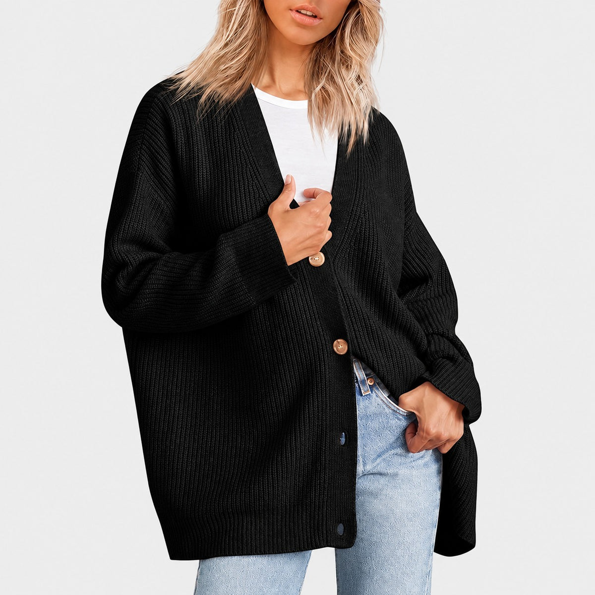 Dámský cardigan s V výstřihem a knoflíkovou légou - oversized střih