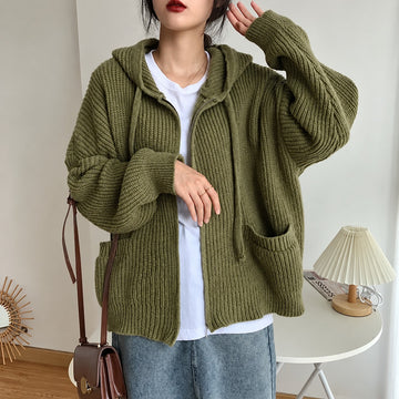 Dámský kapucí cardigan s zipem a volným oversized střihem