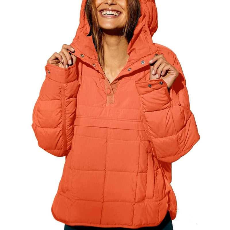 Dámská puffer bunda s kapucí, zapínáním na knoflíky a lehkým prošíváním