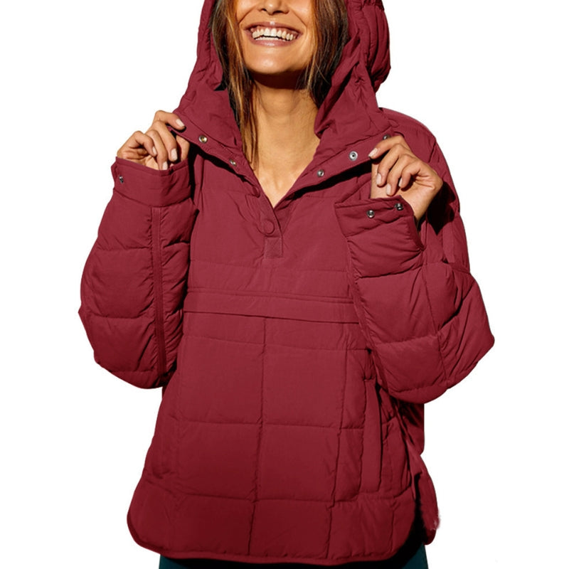 Dámská puffer bunda s kapucí, zapínáním na knoflíky a lehkým prošíváním