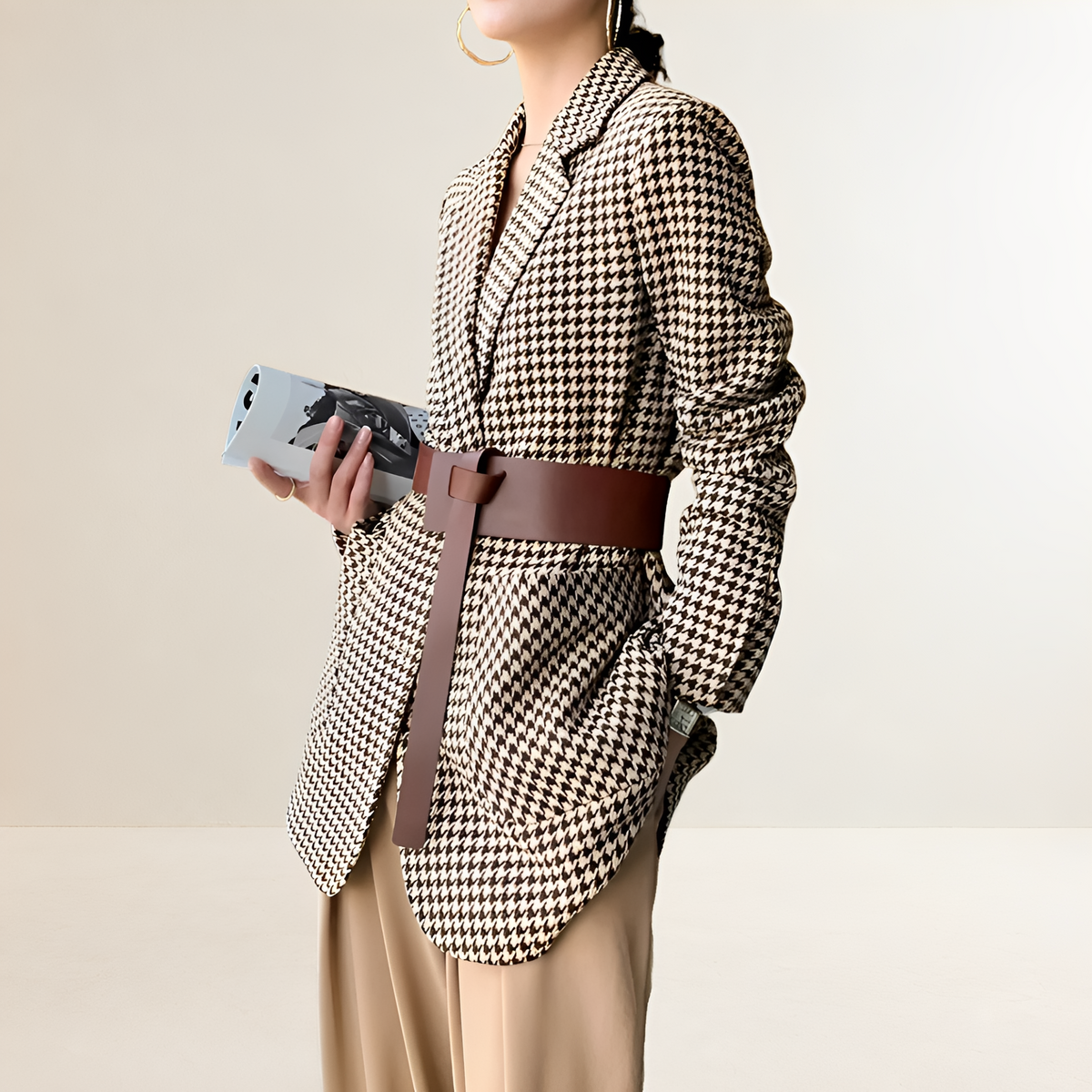 Dámské sako s houndstooth vzorem dlouhý rukáv opasek regular fit