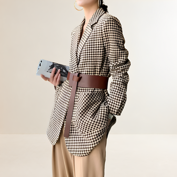 Dámské sako s houndstooth vzorem dlouhý rukáv opasek regular fit