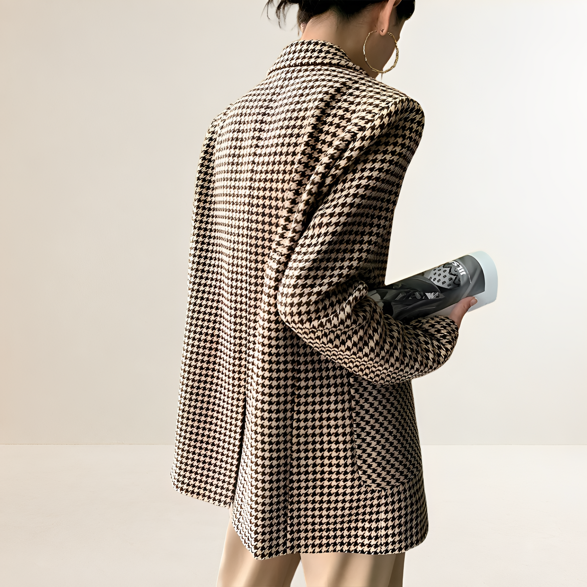 Dámské sako s houndstooth vzorem dlouhý rukáv opasek regular fit