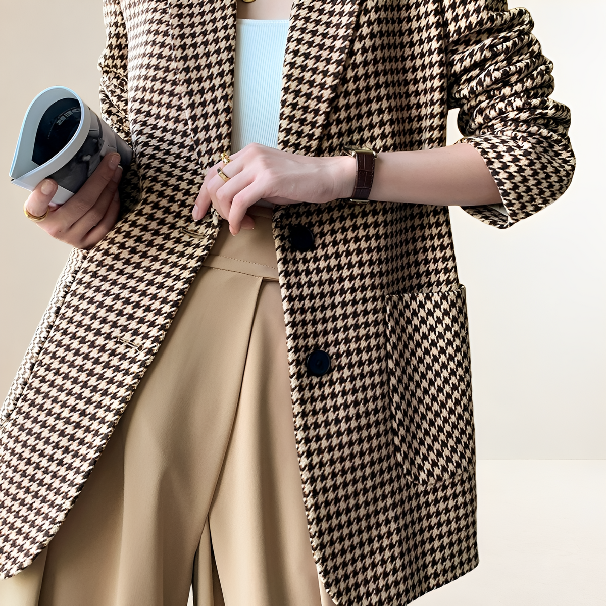 Dámské sako s houndstooth vzorem dlouhý rukáv opasek regular fit