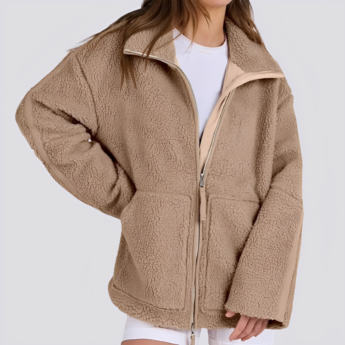 Dámská teddy bunda oversized střih s zipem a kapsami