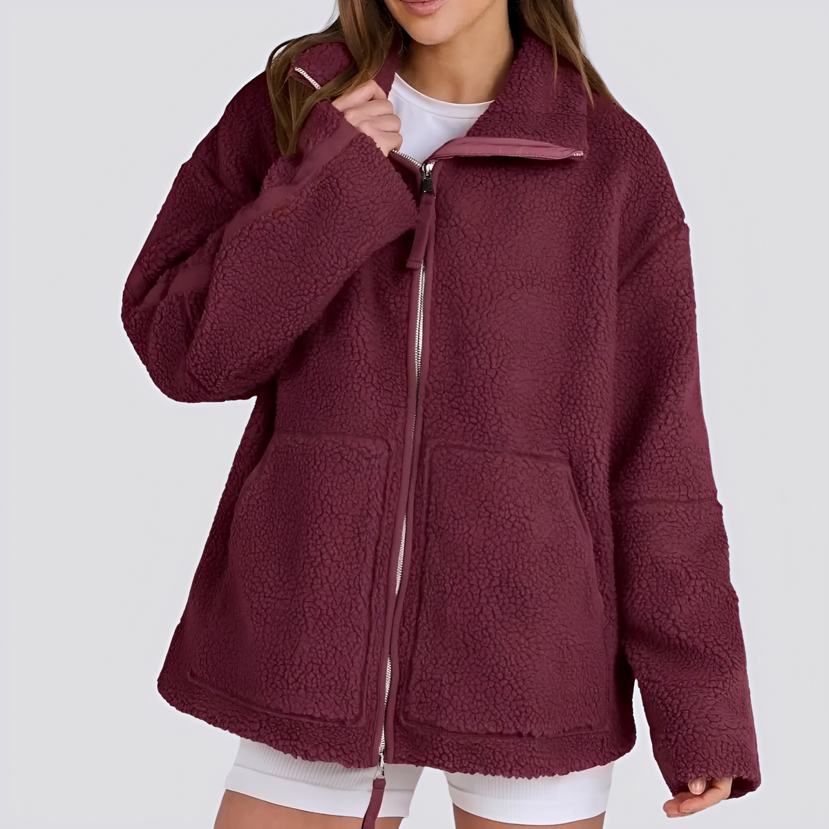 Dámská teddy bunda oversized střih s zipem a kapsami