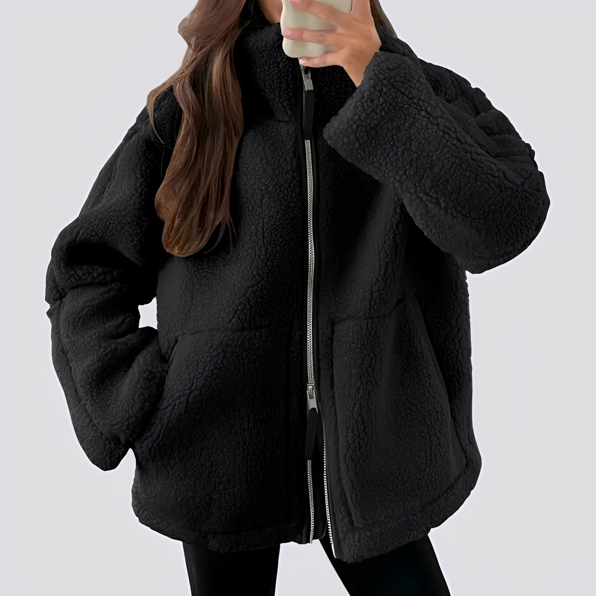Dámská teddy bunda oversized střih s zipem a kapsami