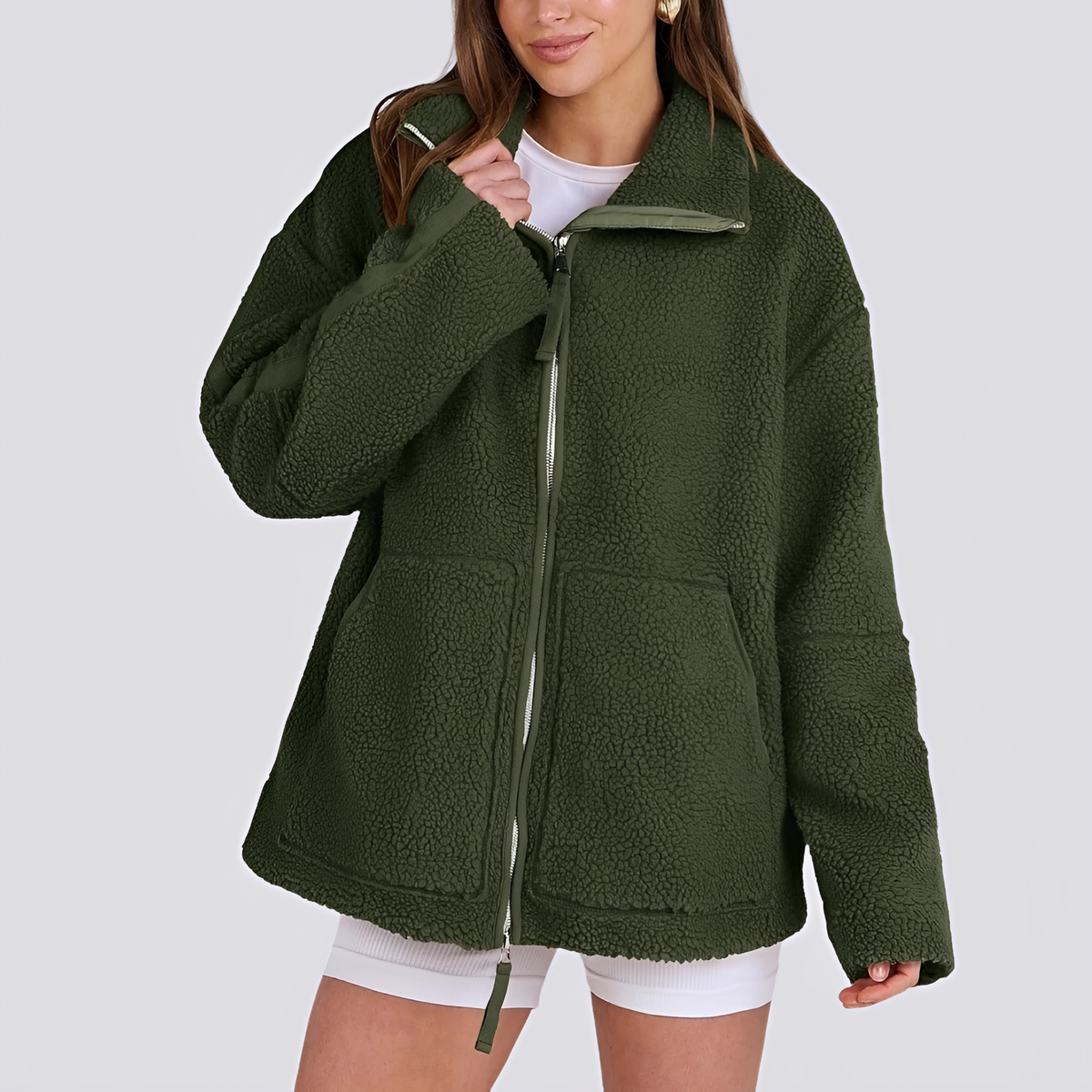 Dámská teddy bunda oversized střih s zipem a kapsami