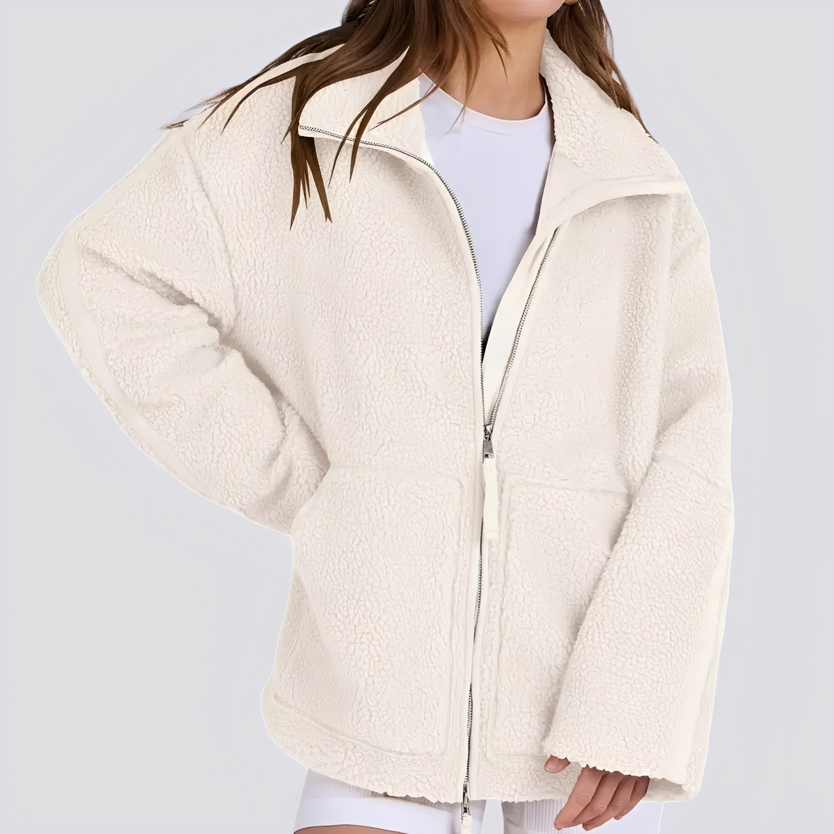 Dámská teddy bunda oversized střih s zipem a kapsami