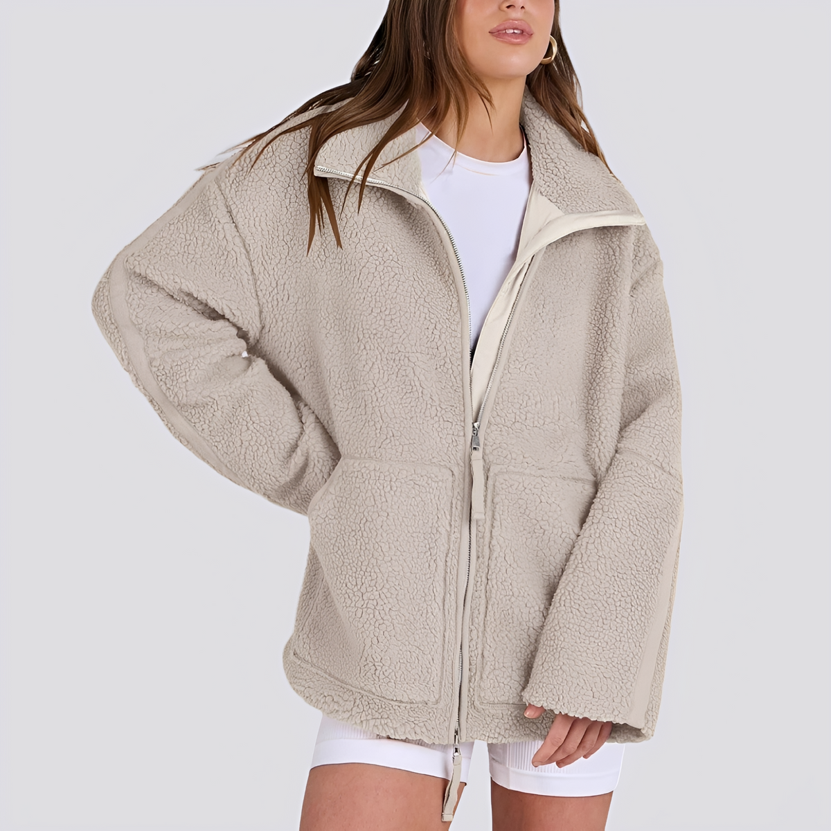 Dámská teddy bunda oversized střih s zipem a kapsami