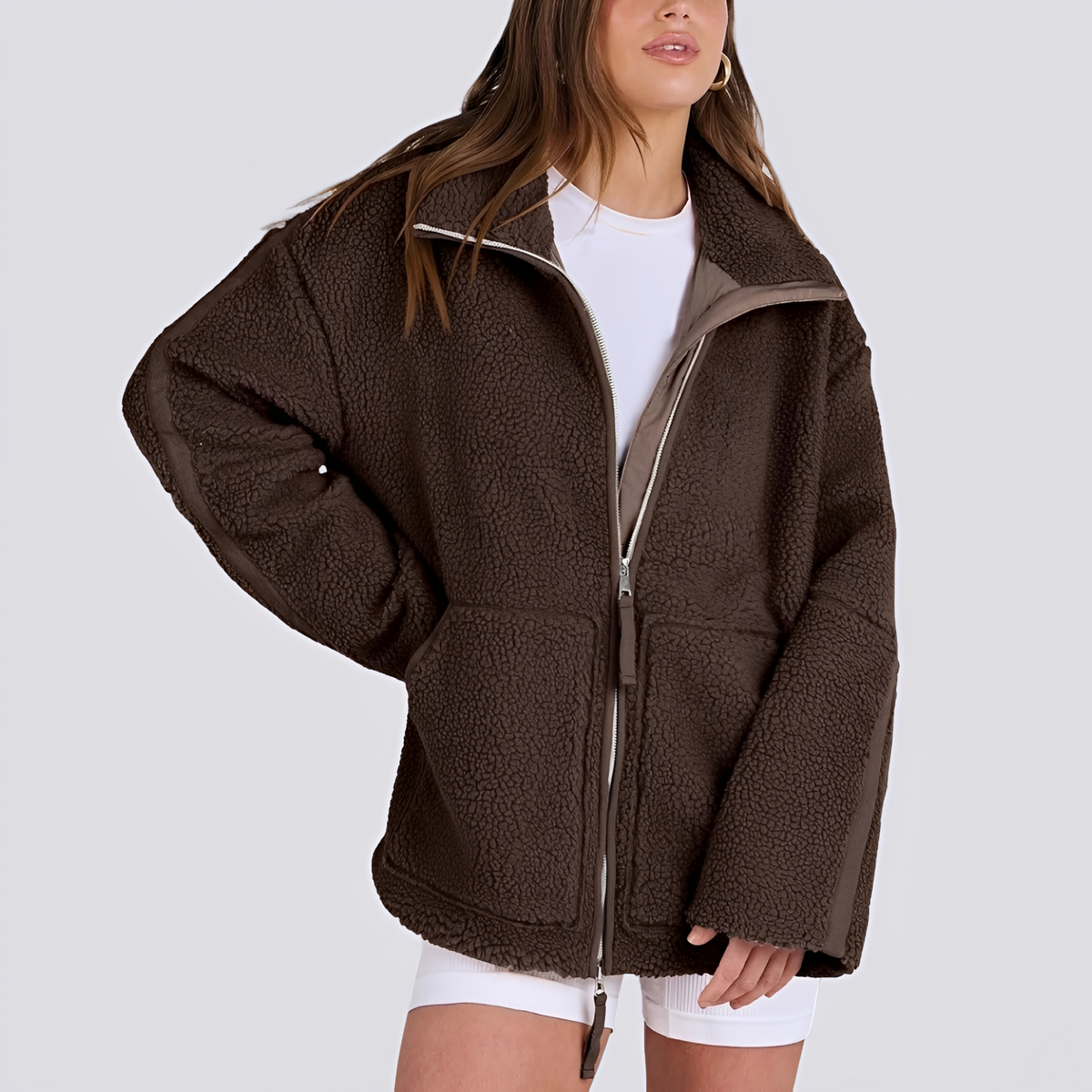 Dámská teddy bunda oversized střih s zipem a kapsami
