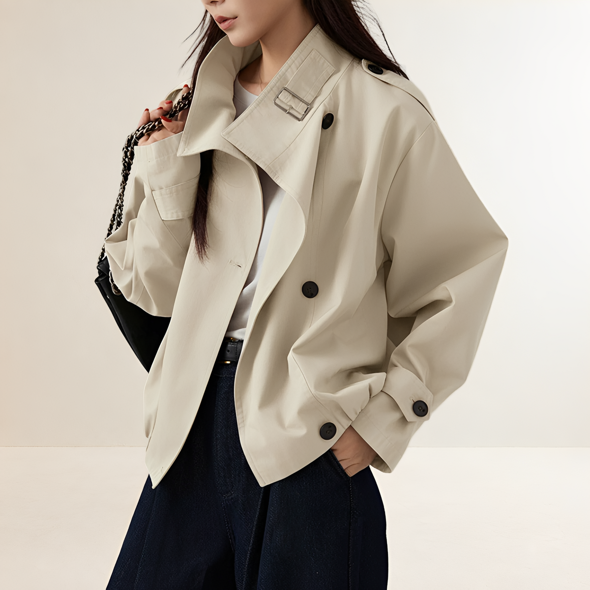 Dámský trench coat oversize s dlouhým rukávem dvojitým zapínáním