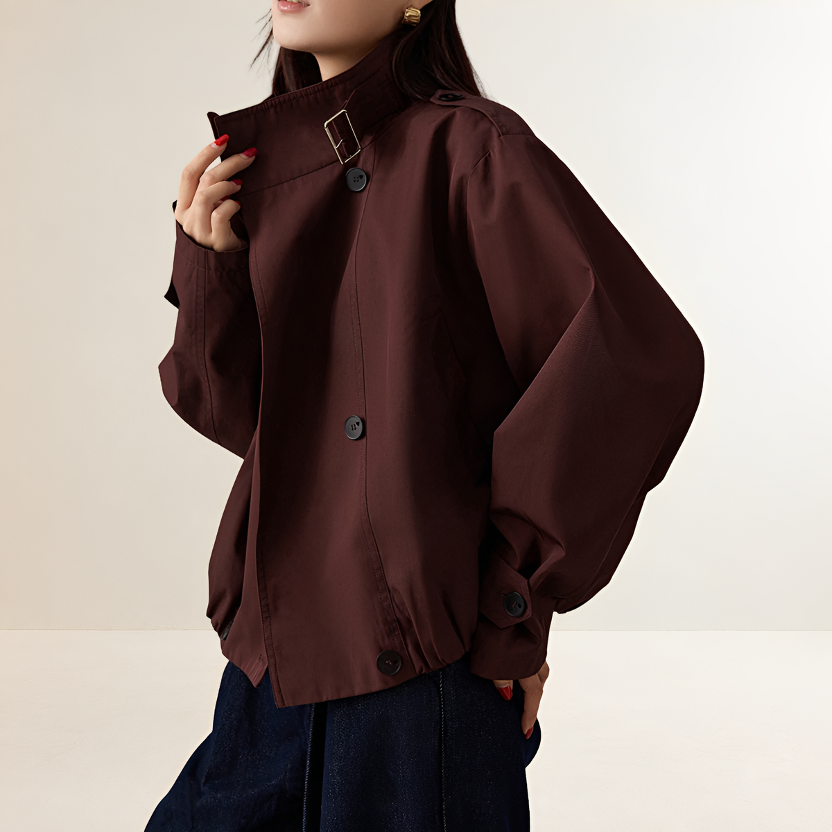Dámský trench coat oversize s dlouhým rukávem dvojitým zapínáním
