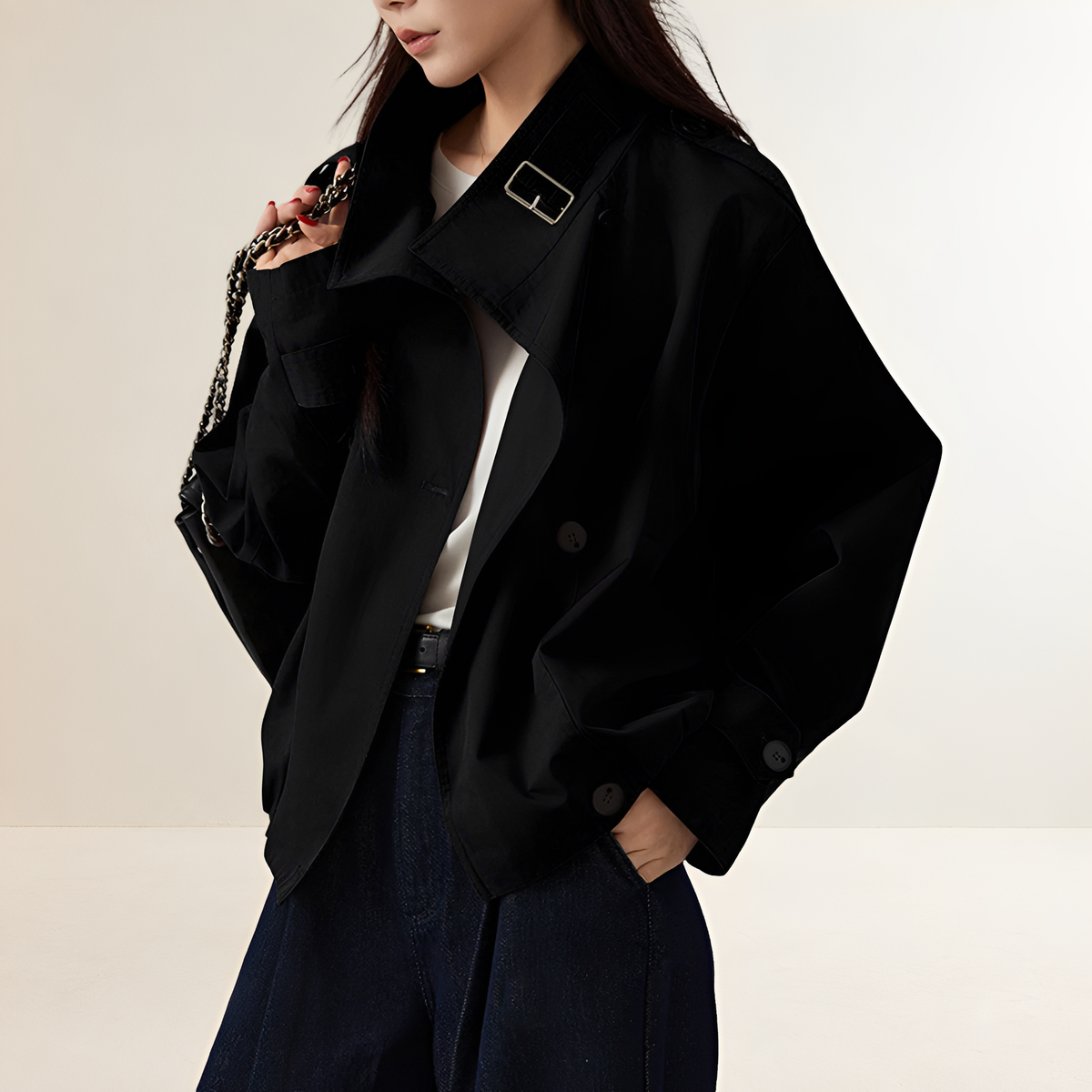 Dámský trench coat oversize s dlouhým rukávem dvojitým zapínáním