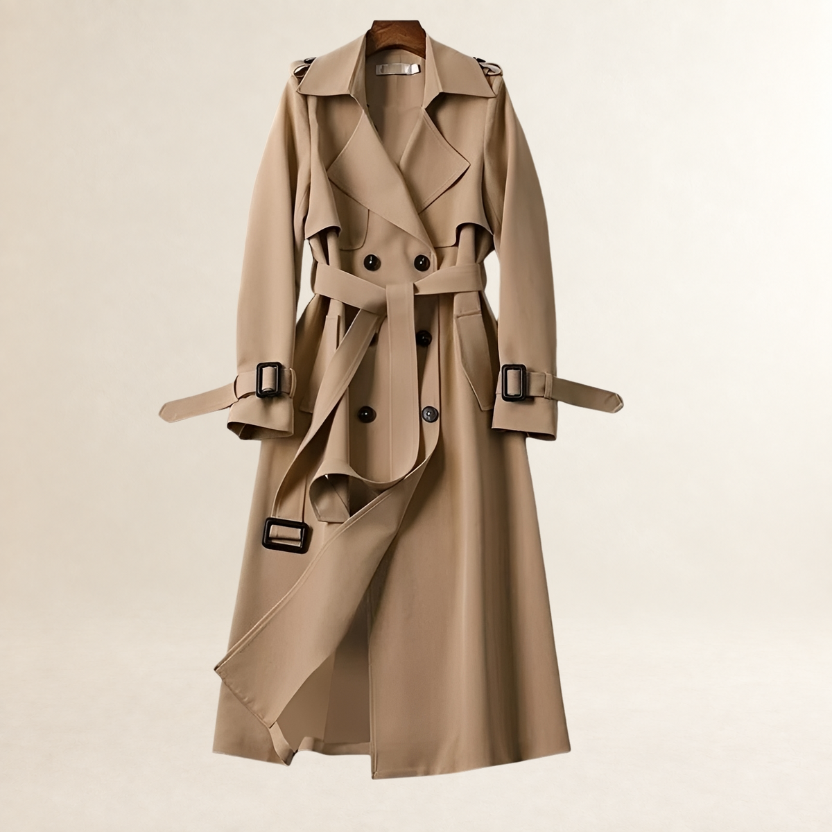 Ženský trench coat s dvojitým zapínáním a opaskem v klasickém střihu