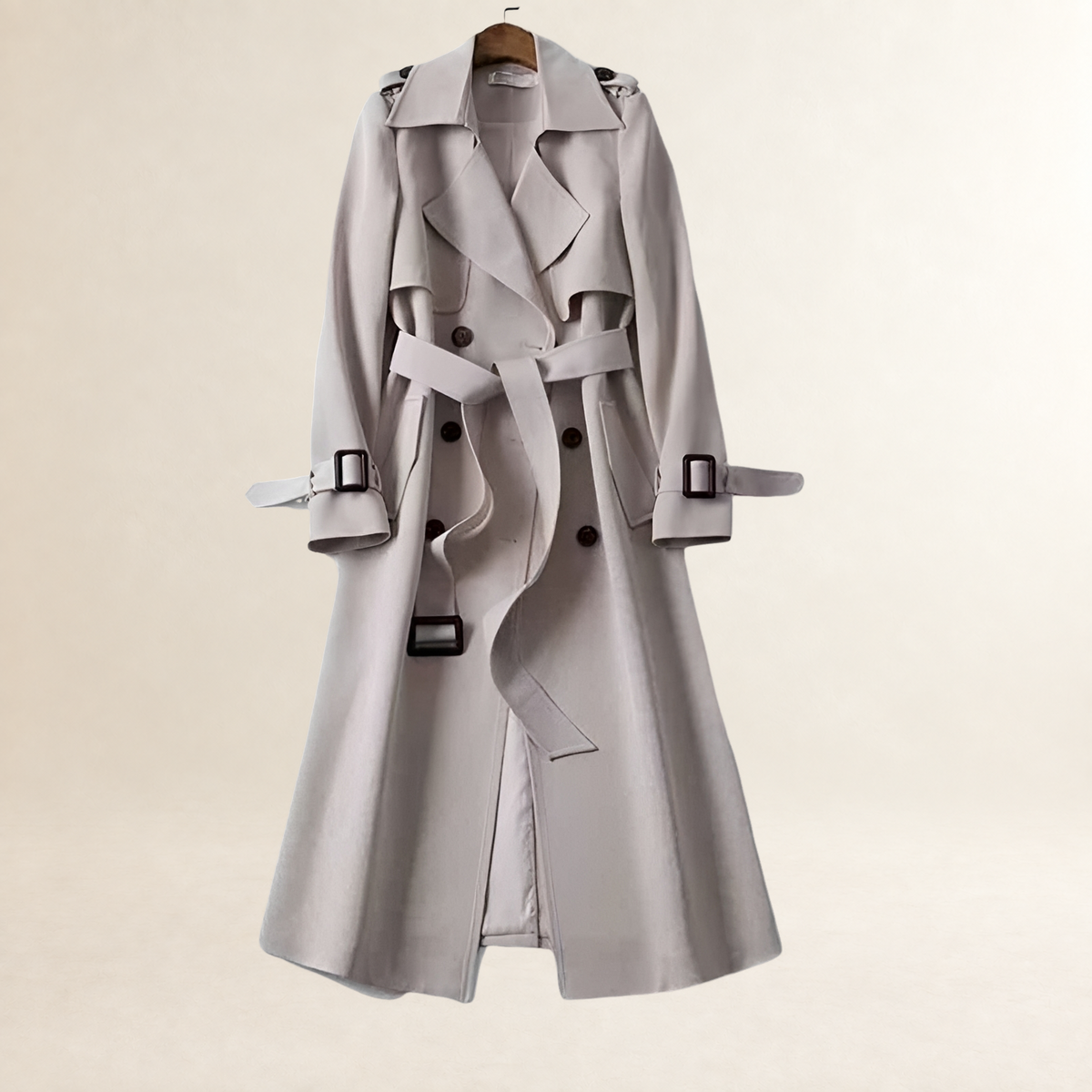 Ženský trench coat s dvojitým zapínáním a opaskem v klasickém střihu