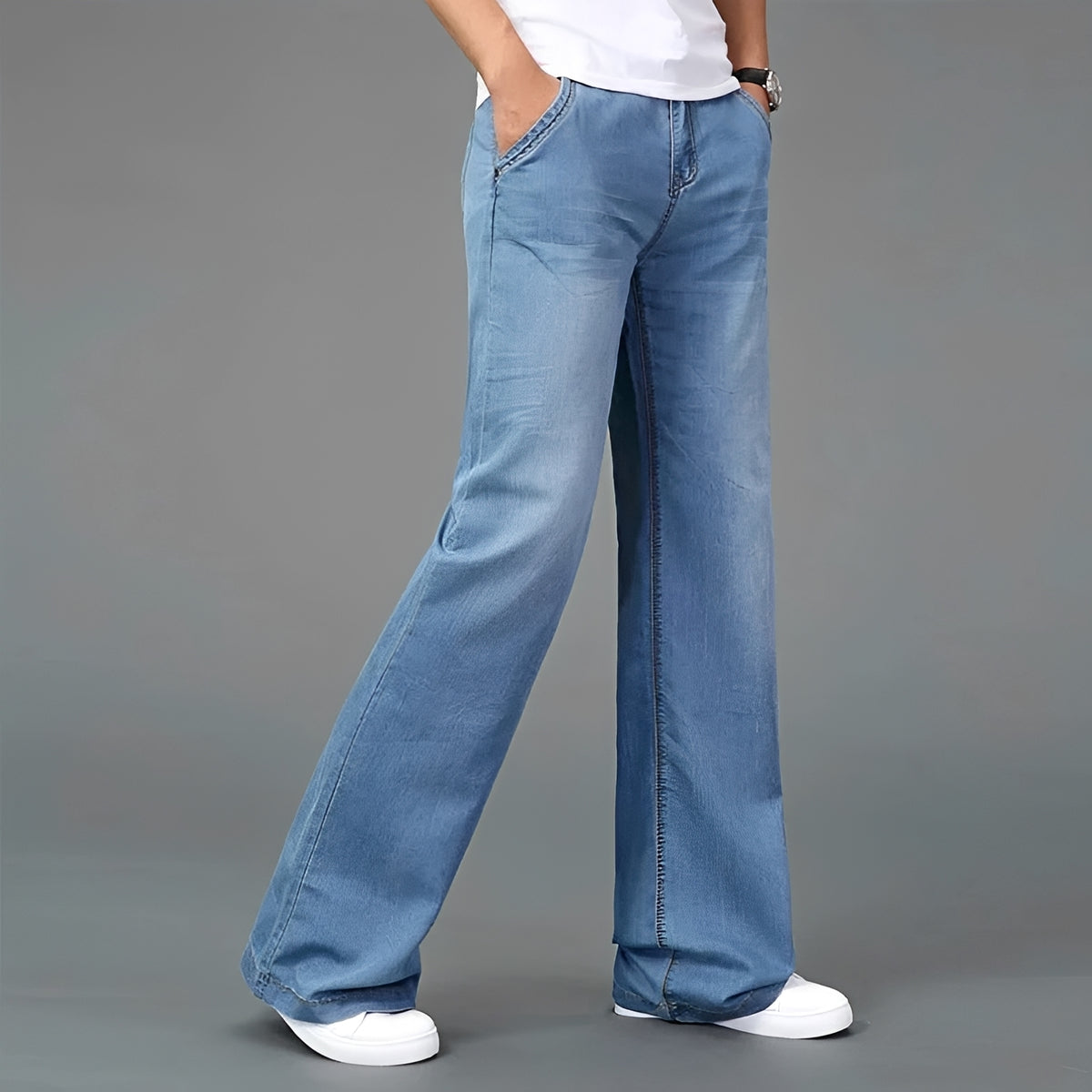 Pánské bootcut džíny s rozšířenou nohavicí a více kapsami - volný střih