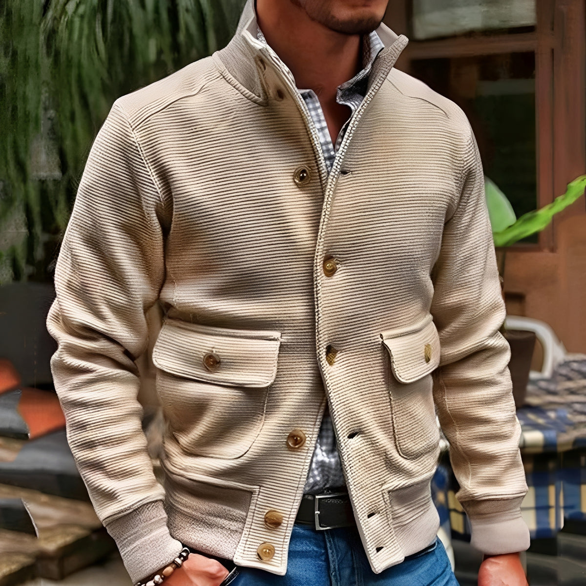 Pánská bunda s stojacím límcem a kapsami na klapky - casual outdoor