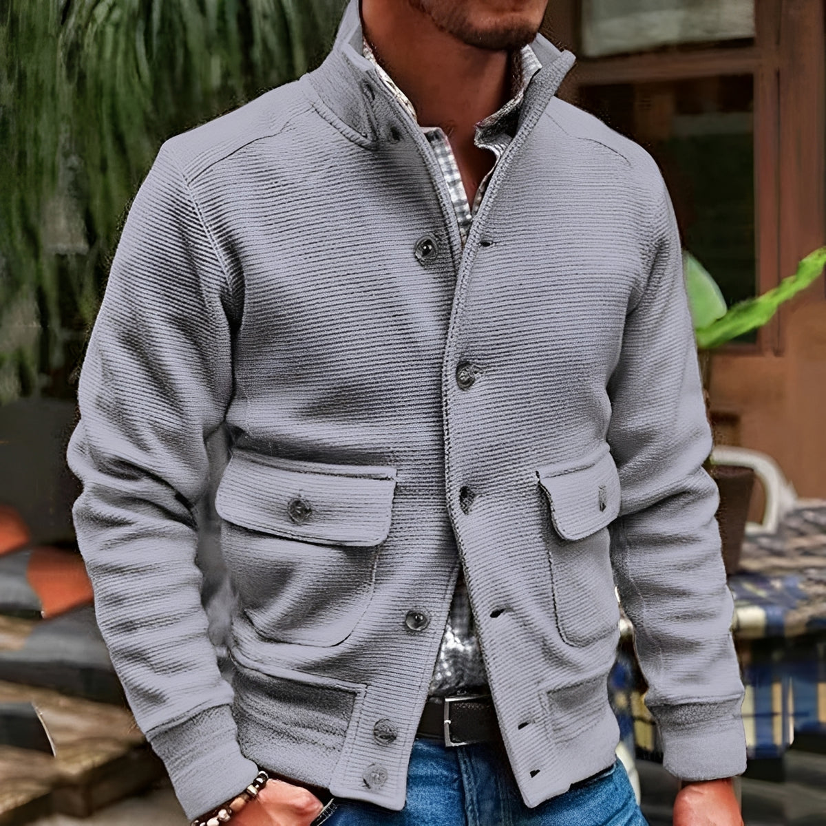 Pánská bunda s stojacím límcem a kapsami na klapky - casual outdoor