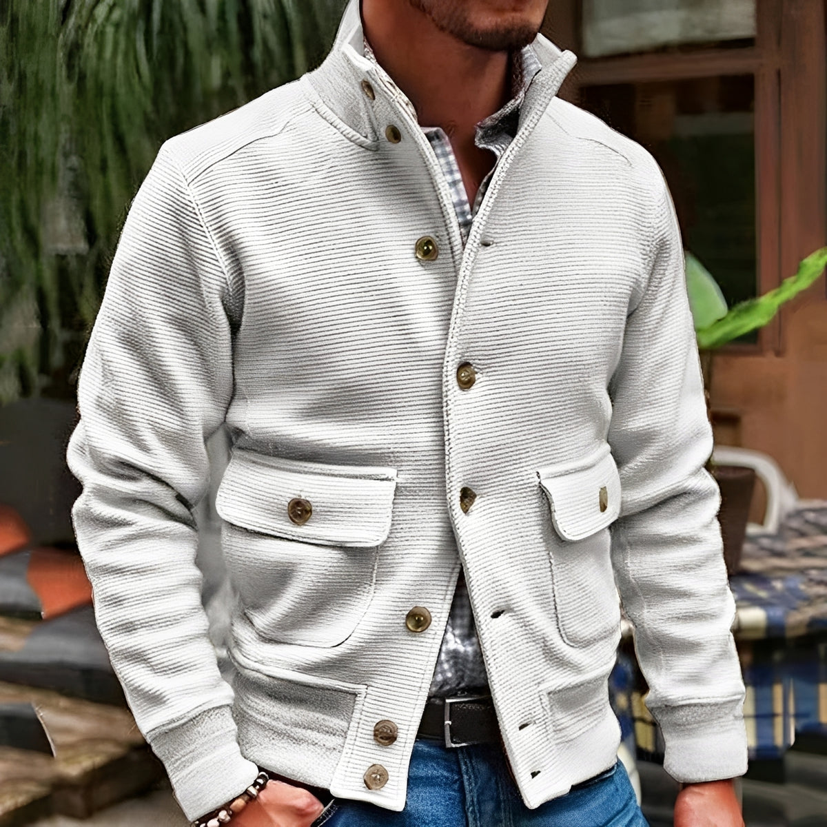Pánská bunda s stojacím límcem a kapsami na klapky - casual outdoor