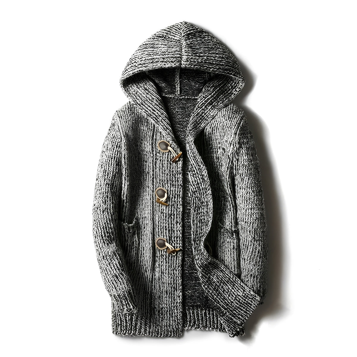 Pánský cardigan s kapucí, zapínáním na knoflíky a bočními kapsami