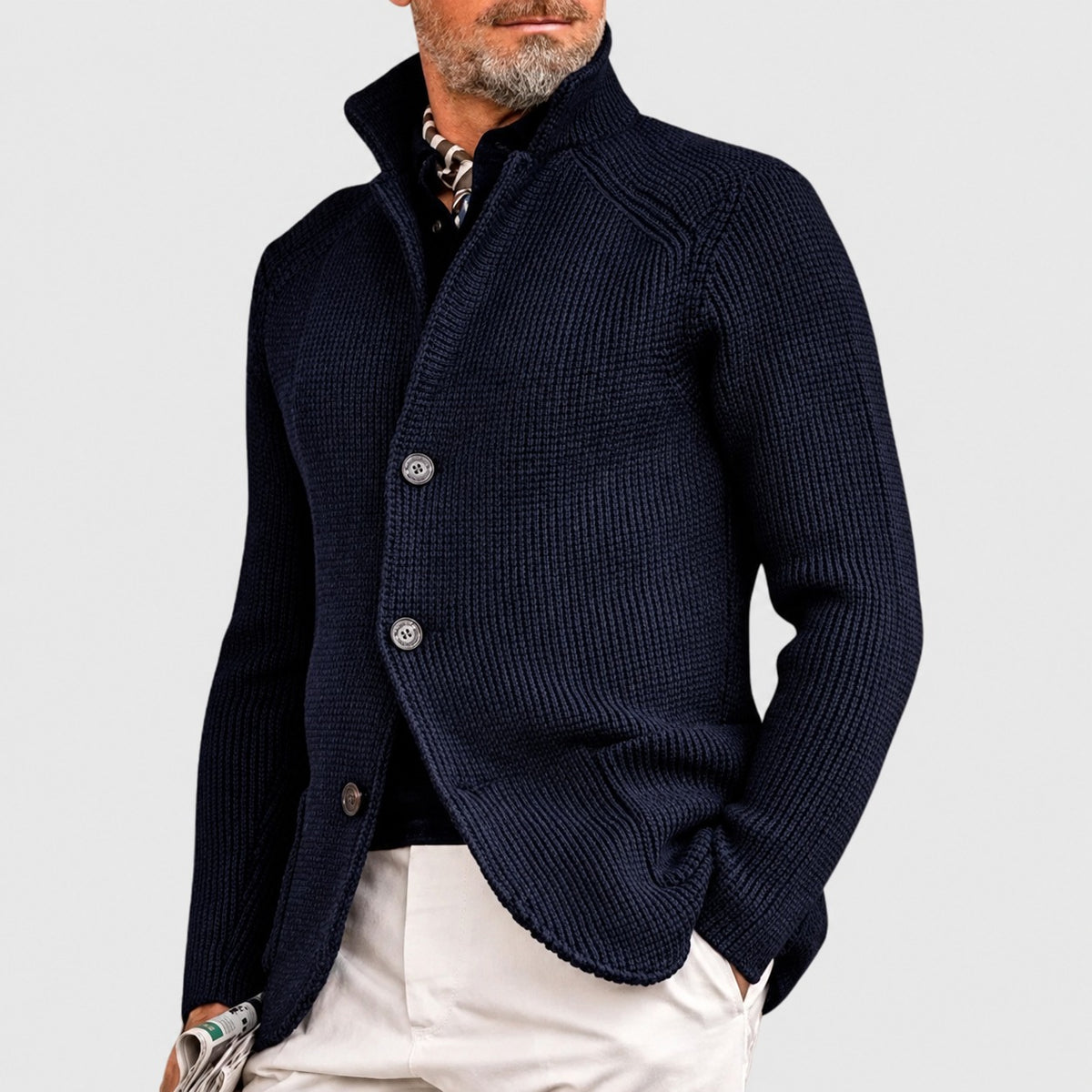 Pánský cardigan s knoflíkem a šálovým límcem - regular střih