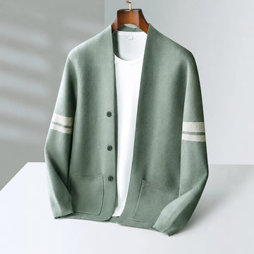 Pánský cardigan s knoflíky, kontrastními pruhy a volným střihem