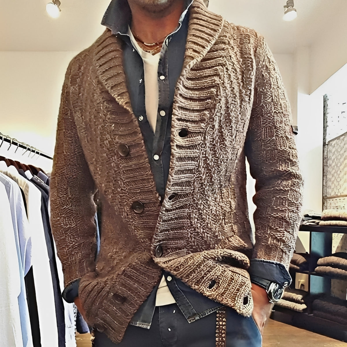 Pánský cardigan s shawl límcem a knoflíkovou légou - volný střih