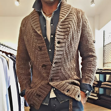 Pánský cardigan s shawl límcem a knoflíkovou légou - volný střih