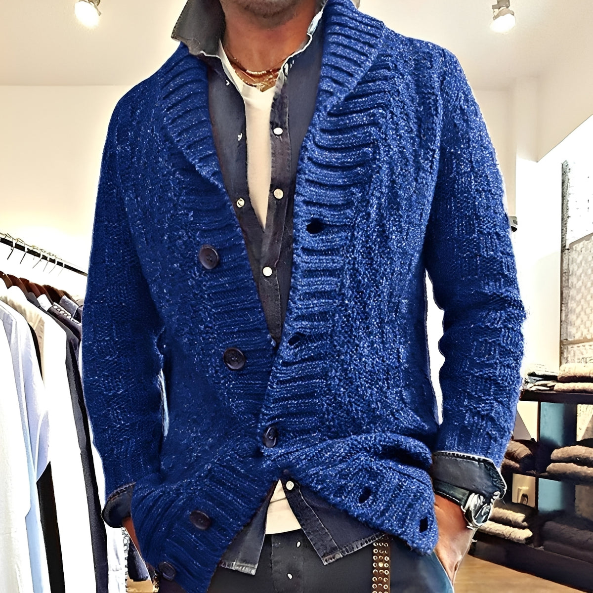 Pánský cardigan s shawl límcem a knoflíkovou légou - volný střih