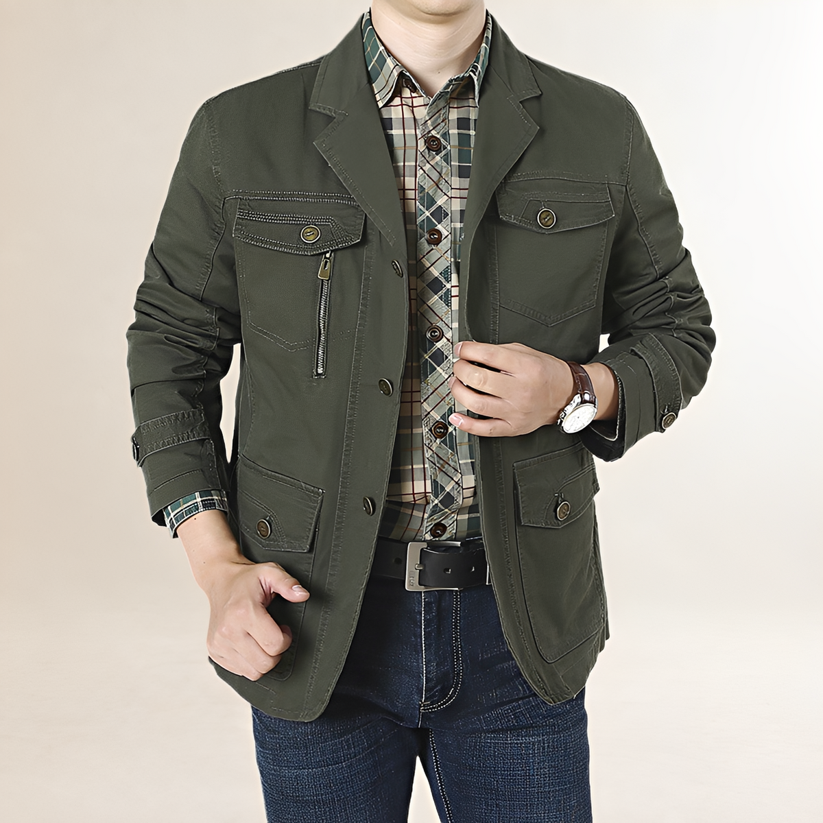 Pánský casual blazer s více kapsami a knoflíkovou légou - regular střih