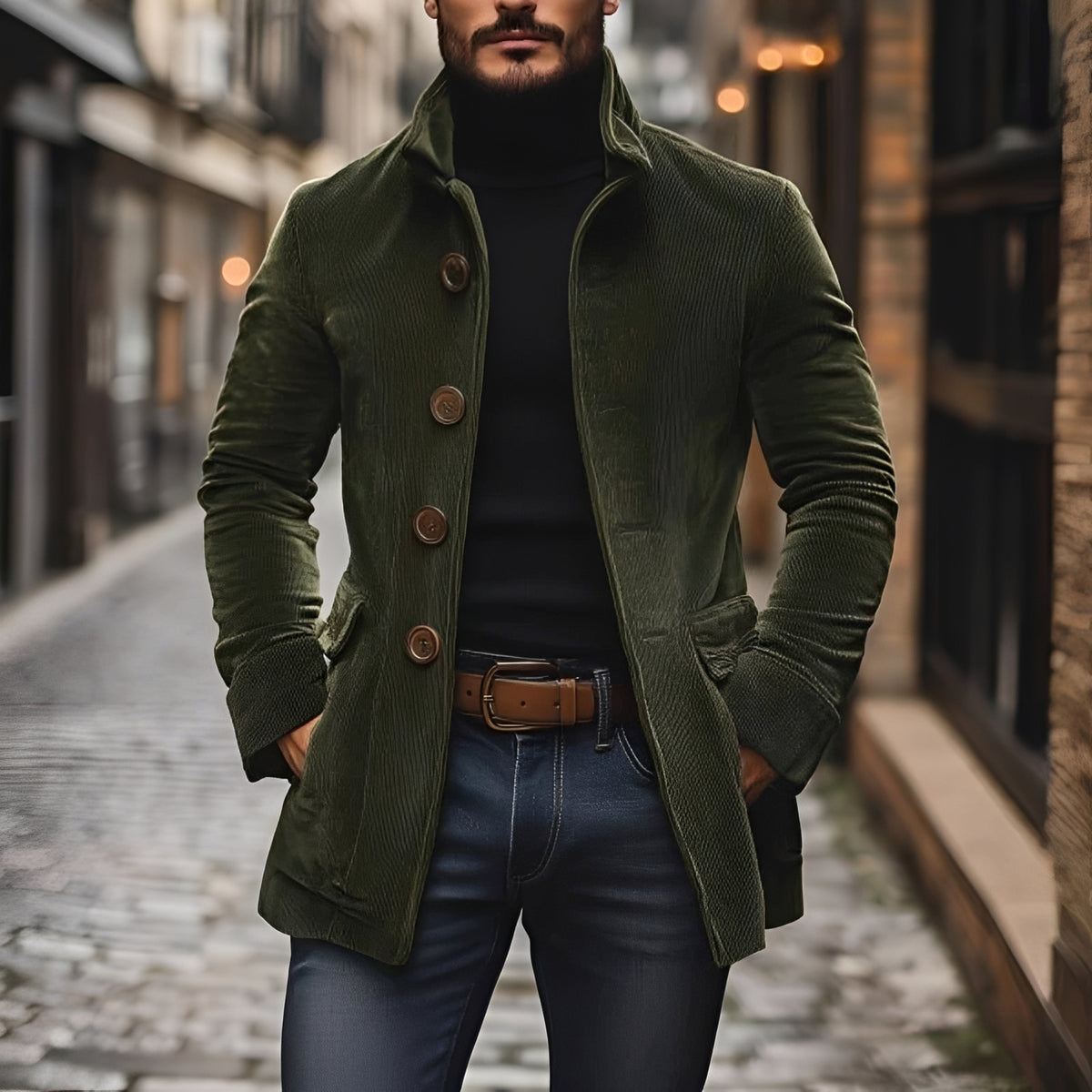 Pánská fashion bunda peacoat s stojacím límcem a knoflíkovou légou slim fit