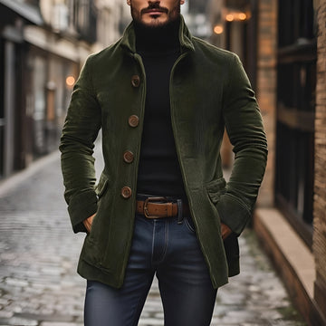 Pánská fashion bunda peacoat s stojacím límcem a knoflíkovou légou slim fit