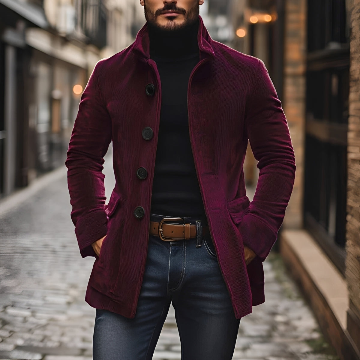 Pánská fashion bunda peacoat s stojacím límcem a knoflíkovou légou slim fit