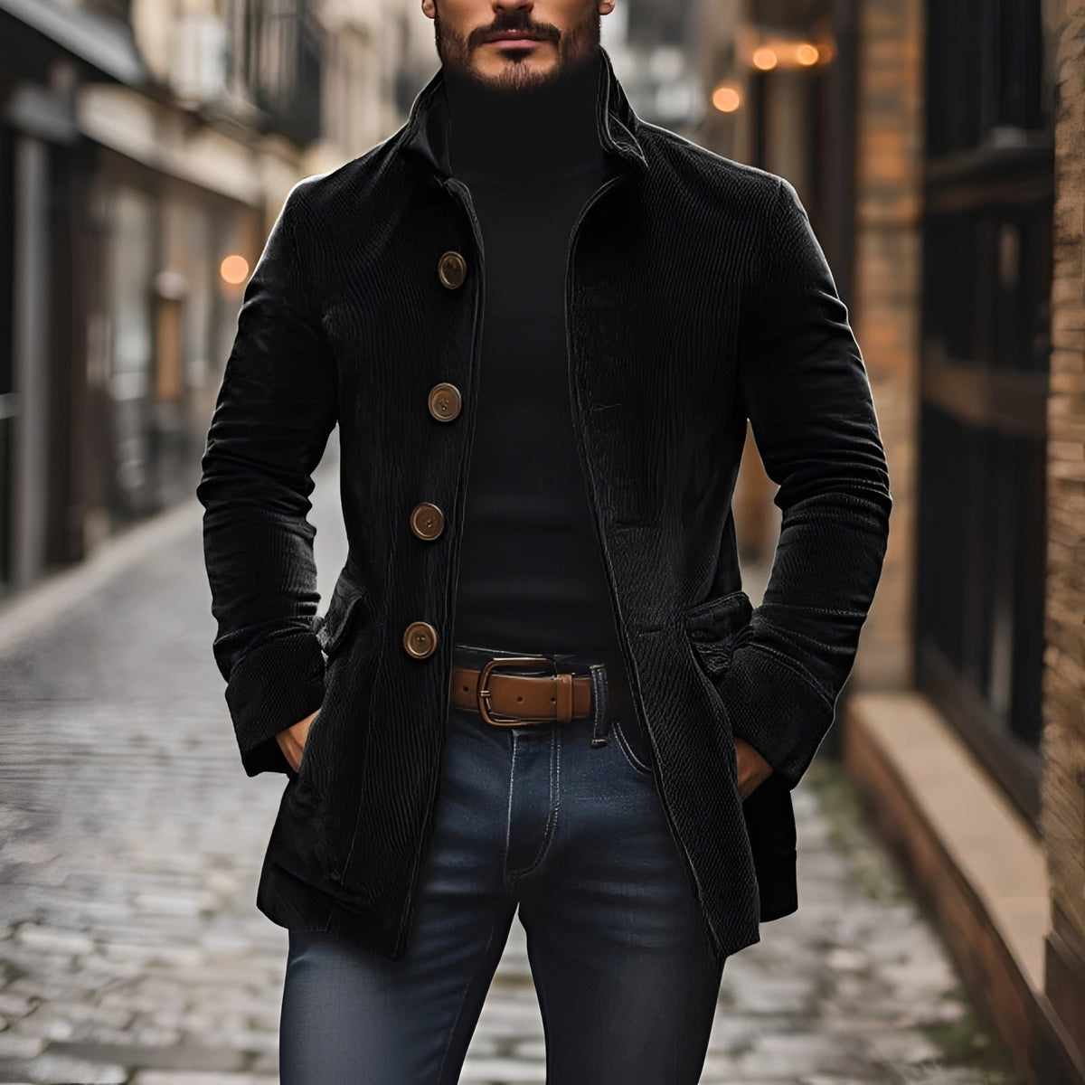 Pánská fashion bunda peacoat s stojacím límcem a knoflíkovou légou slim fit