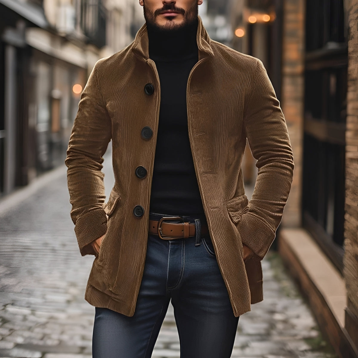 Pánská fashion bunda peacoat s stojacím límcem a knoflíkovou légou slim fit