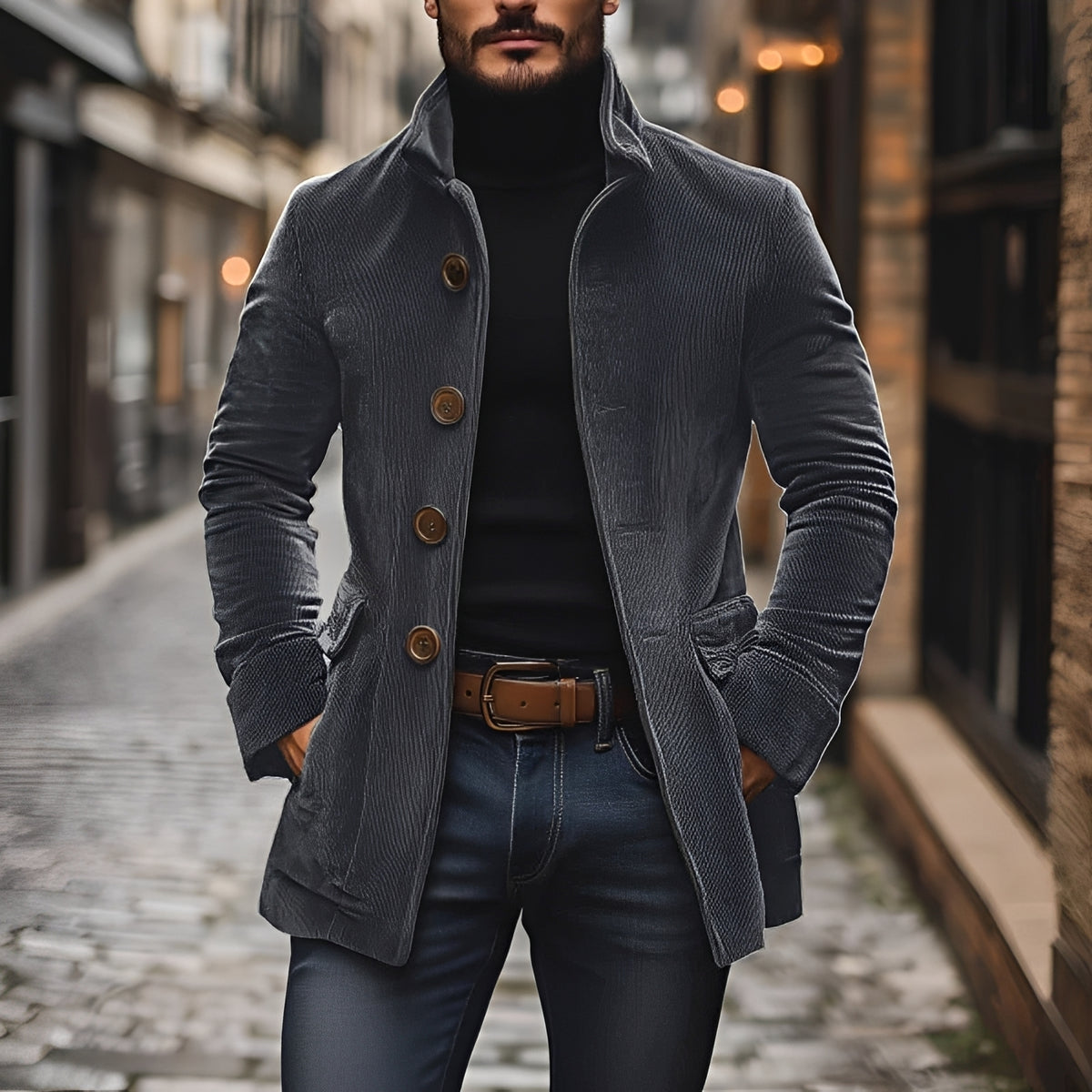 Pánská fashion bunda peacoat s stojacím límcem a knoflíkovou légou slim fit