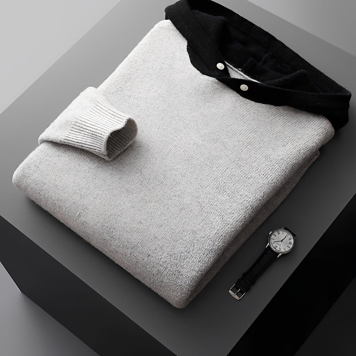 Pánská mikina hoodie s knoflíkovým zapínáním a kontrastním límcem - regular střih